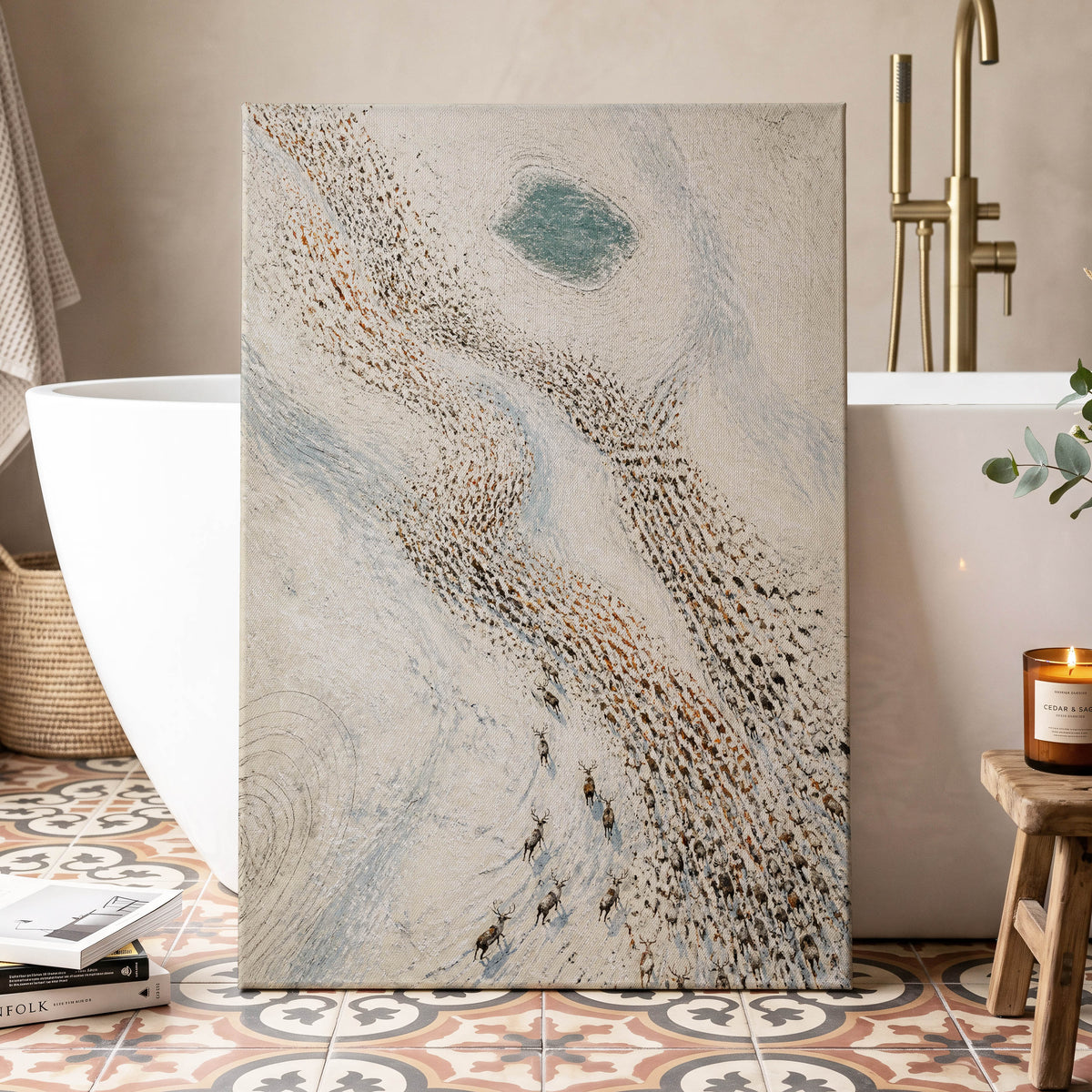 The Winter Procession, white, beige, blue nature wall art displayed in a styled interior, gallery view 7