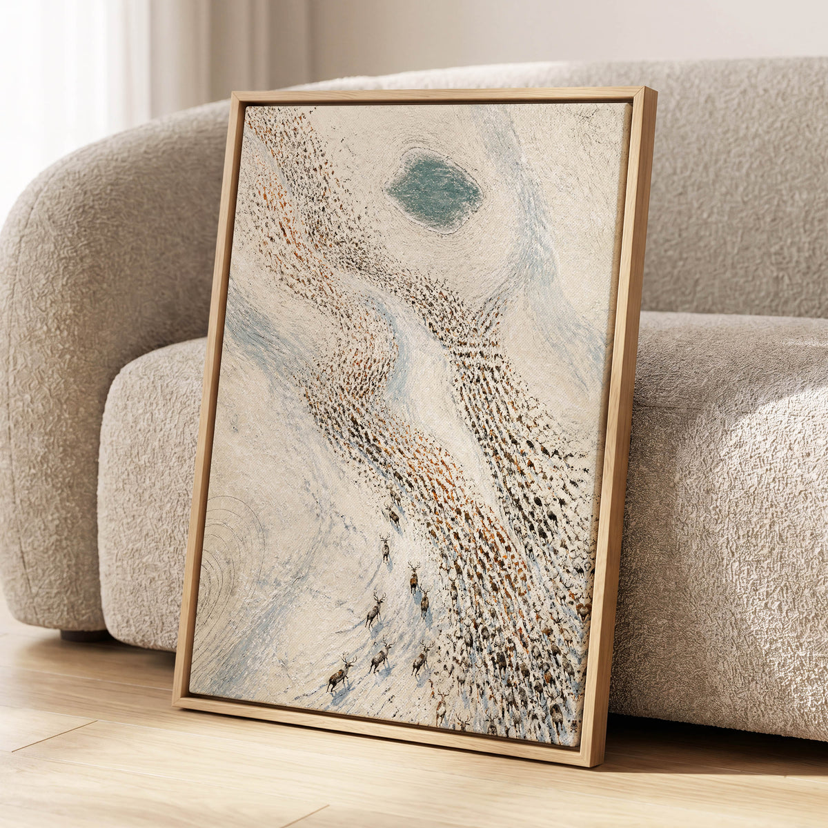 The Winter Procession, white, beige, blue nature wall art displayed in a styled interior, gallery view 8
