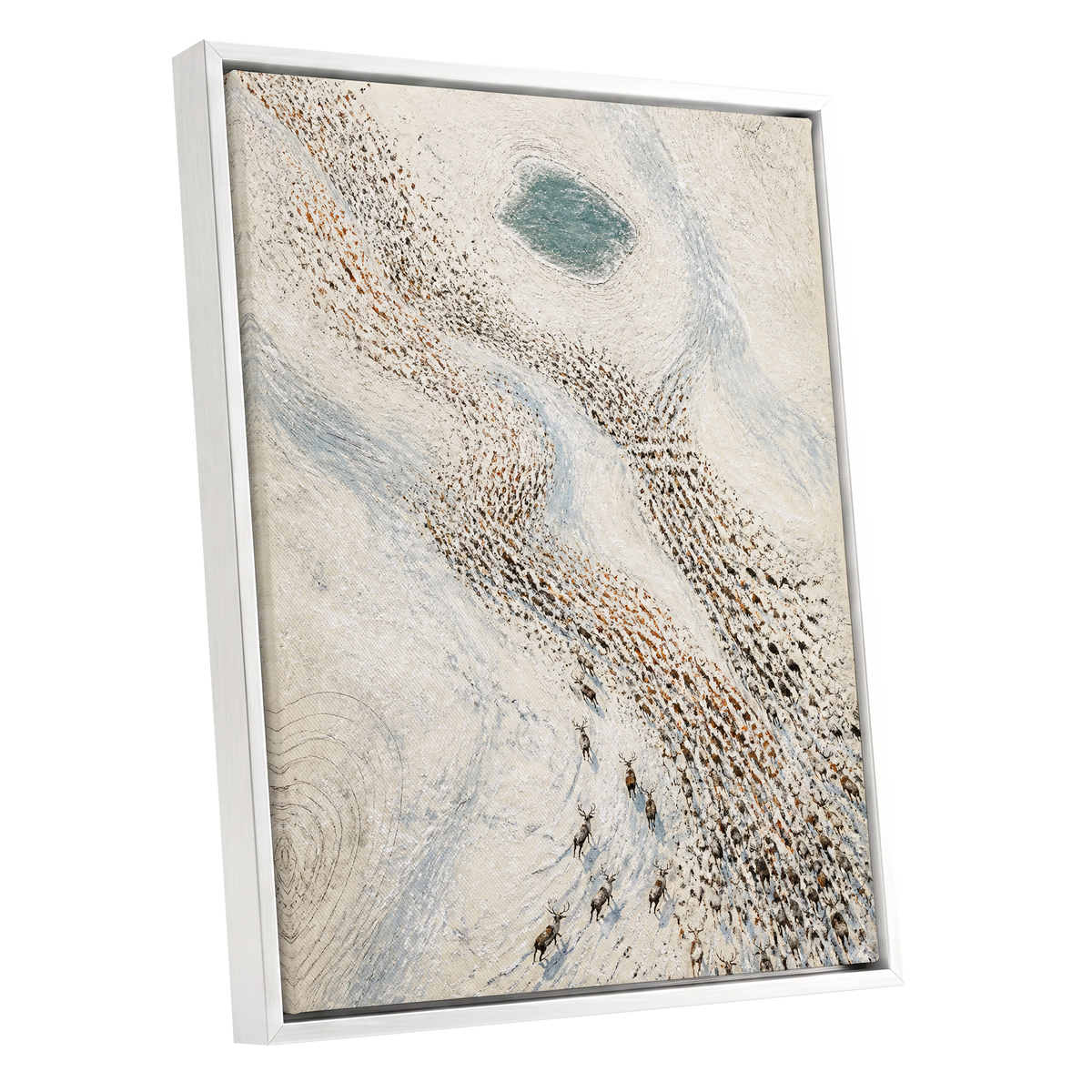The Winter Procession, white, beige, blue nature wall art shown as a white framed canvas wall art