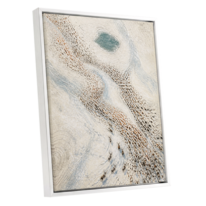 The Winter Procession, white, beige, blue nature wall art shown as a white framed canvas wall art