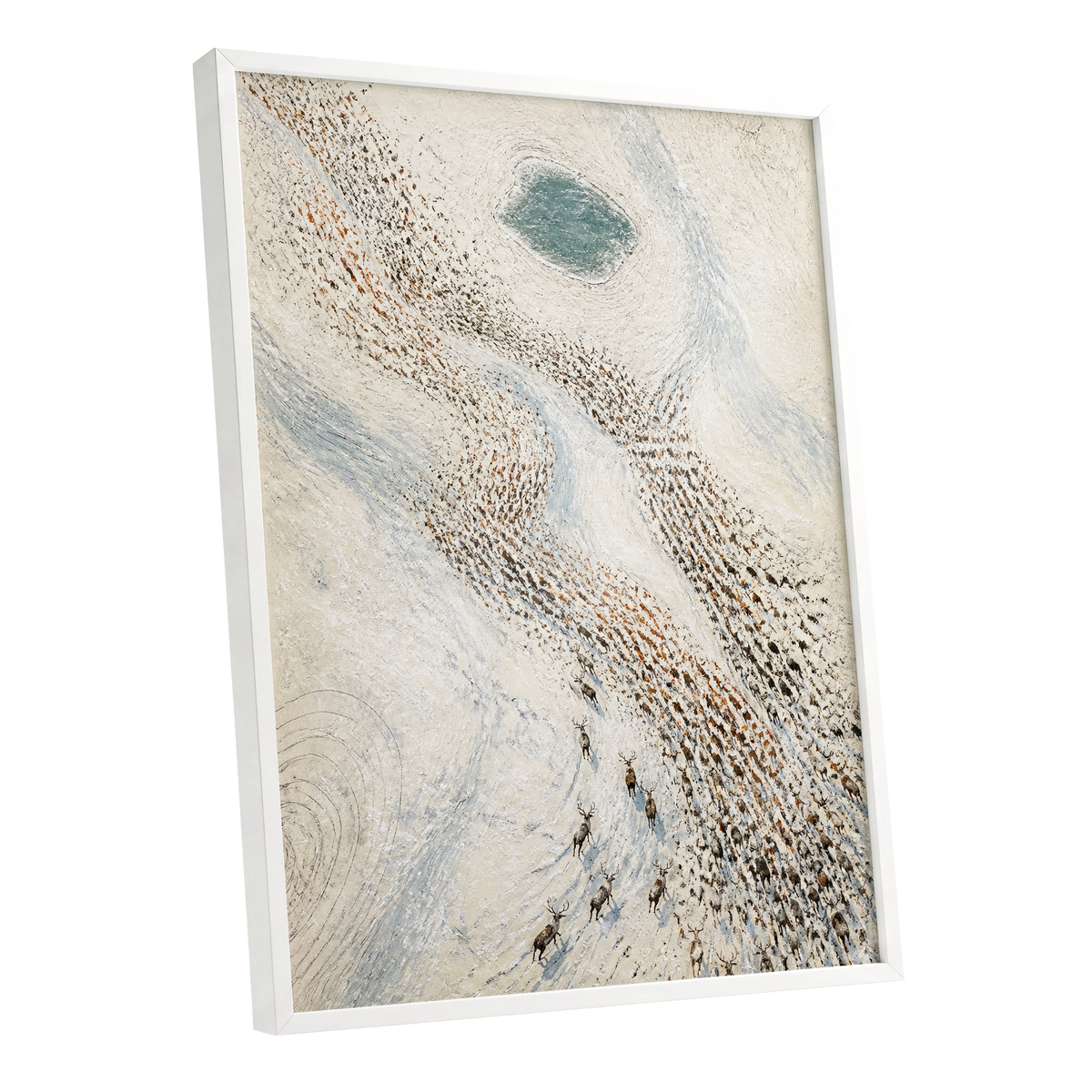 The Winter Procession, white, beige, blue nature wall art shown as a white framed poster wall art print