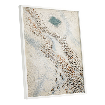 The Winter Procession, white, beige, blue nature wall art shown as a white framed poster wall art print