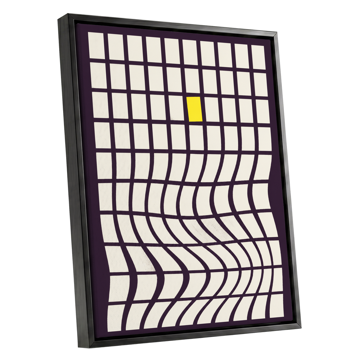 The Yellow Exception, purple, white, yellow abstract wall art shown as a black framed canvas wall art