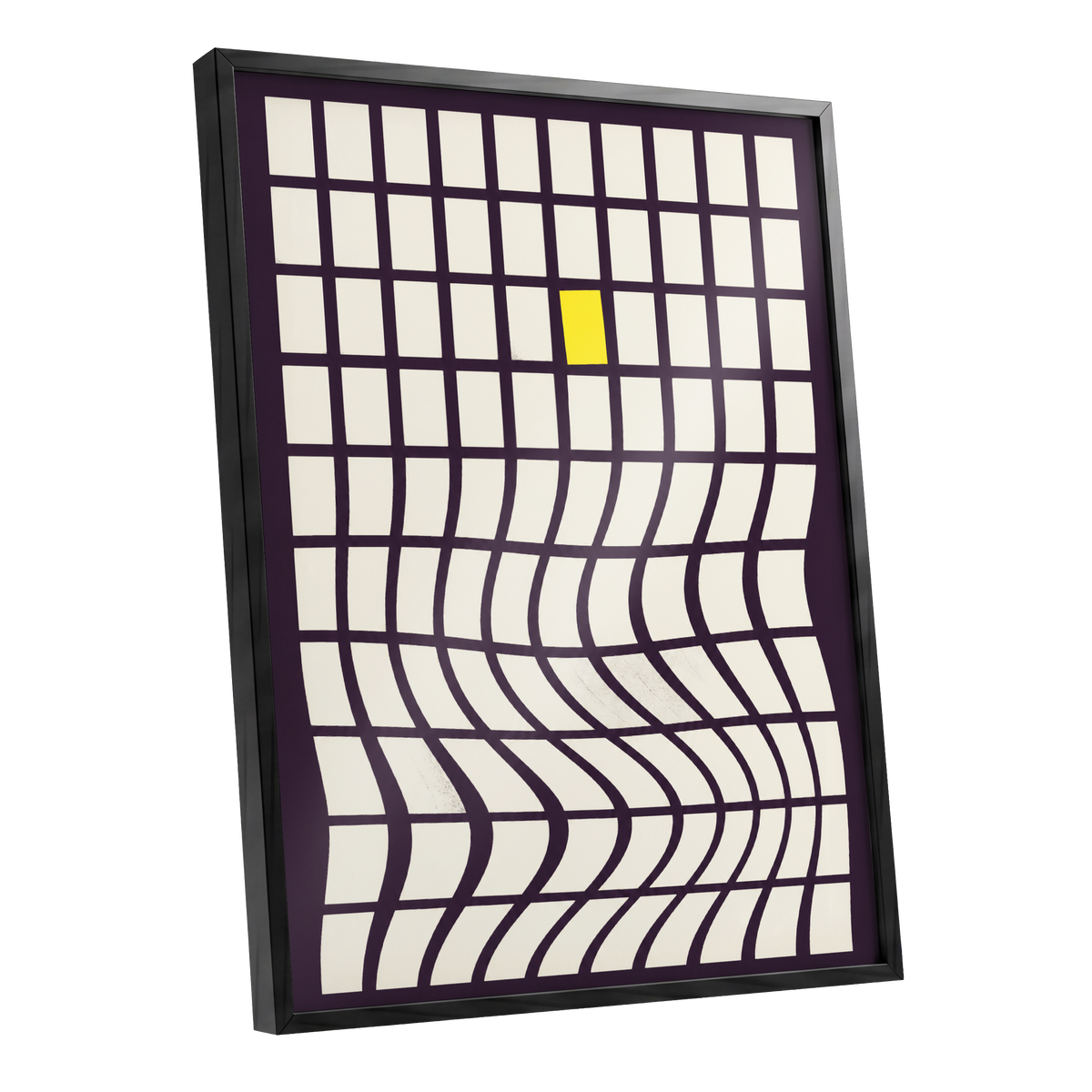 The Yellow Exception, purple, white, yellow abstract wall art shown as a black framed poster wall art print