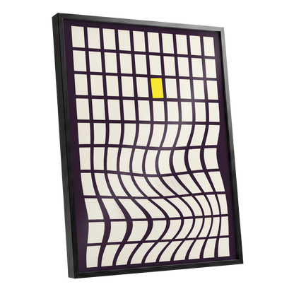 The Yellow Exception, purple, white, yellow abstract wall art shown as a black framed poster wall art print