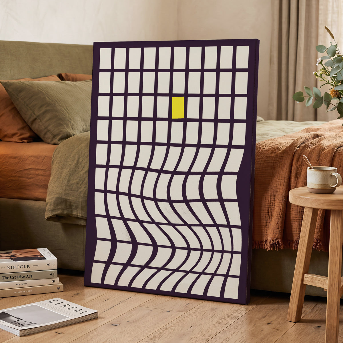 The Yellow Exception, purple, white, yellow abstract wall art on canvas displayed in a styled interior, gallery view 2