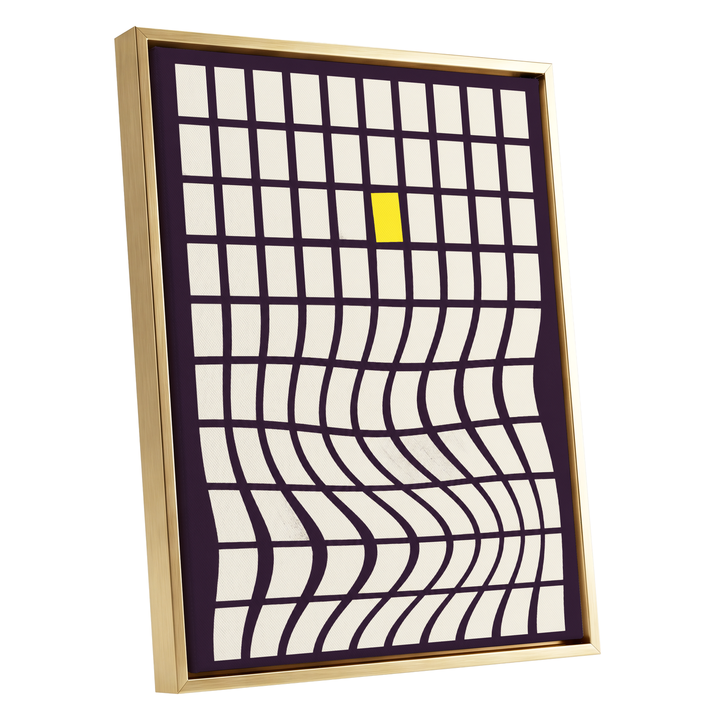 The Yellow Exception, purple, white, yellow abstract wall art shown as a gold framed canvas wall art