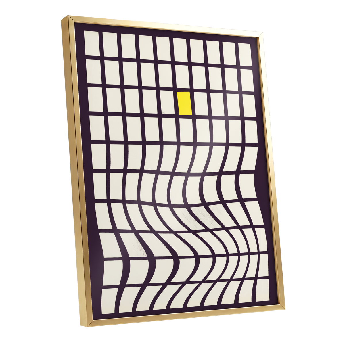 The Yellow Exception, purple, white, yellow abstract wall art shown as a gold framed poster wall art print