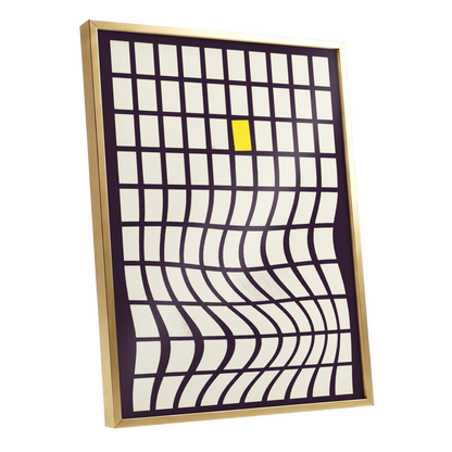 The Yellow Exception, purple, white, yellow abstract wall art shown as a gold framed poster wall art print