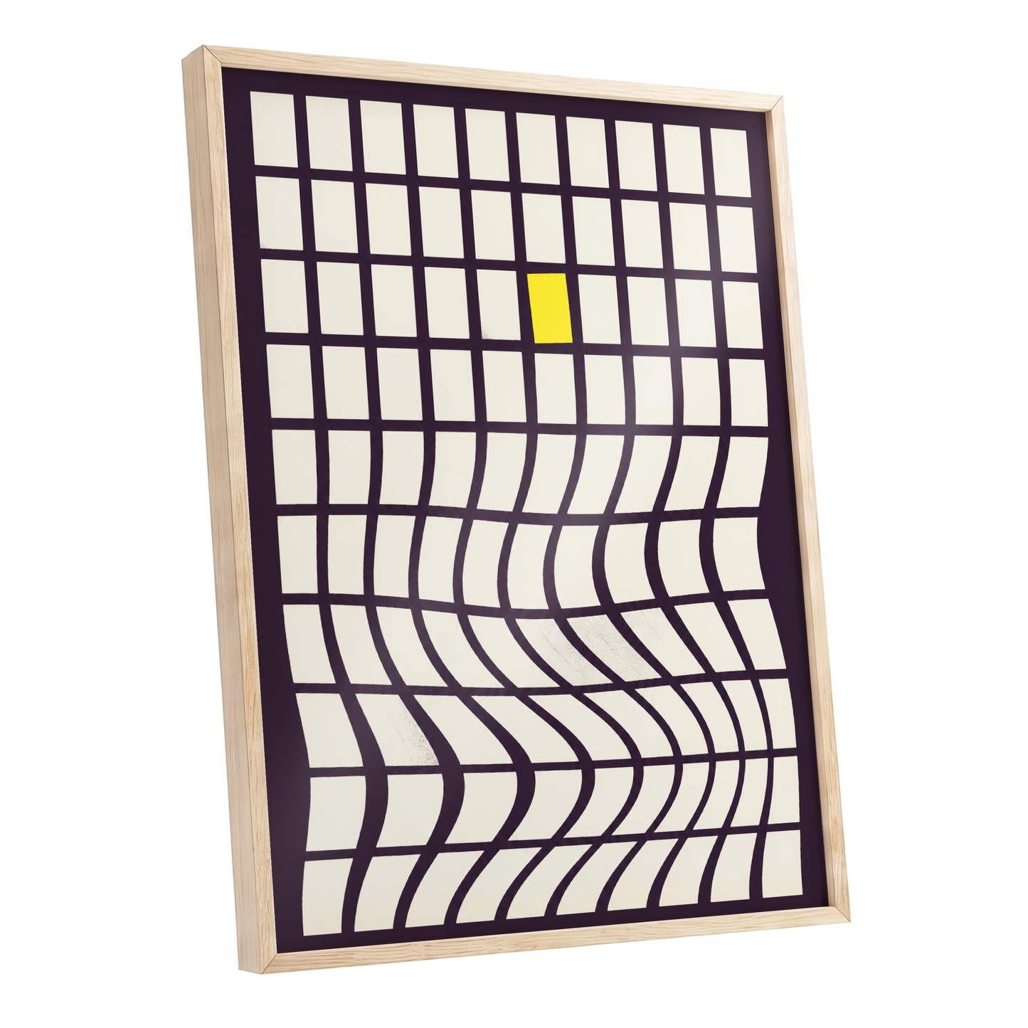 The Yellow Exception, purple, white, yellow abstract wall art shown as a oak framed poster wall art print