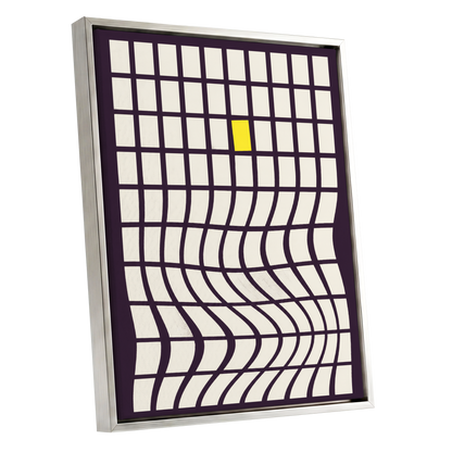 The Yellow Exception, purple, white, yellow abstract wall art shown as a silver framed canvas wall art