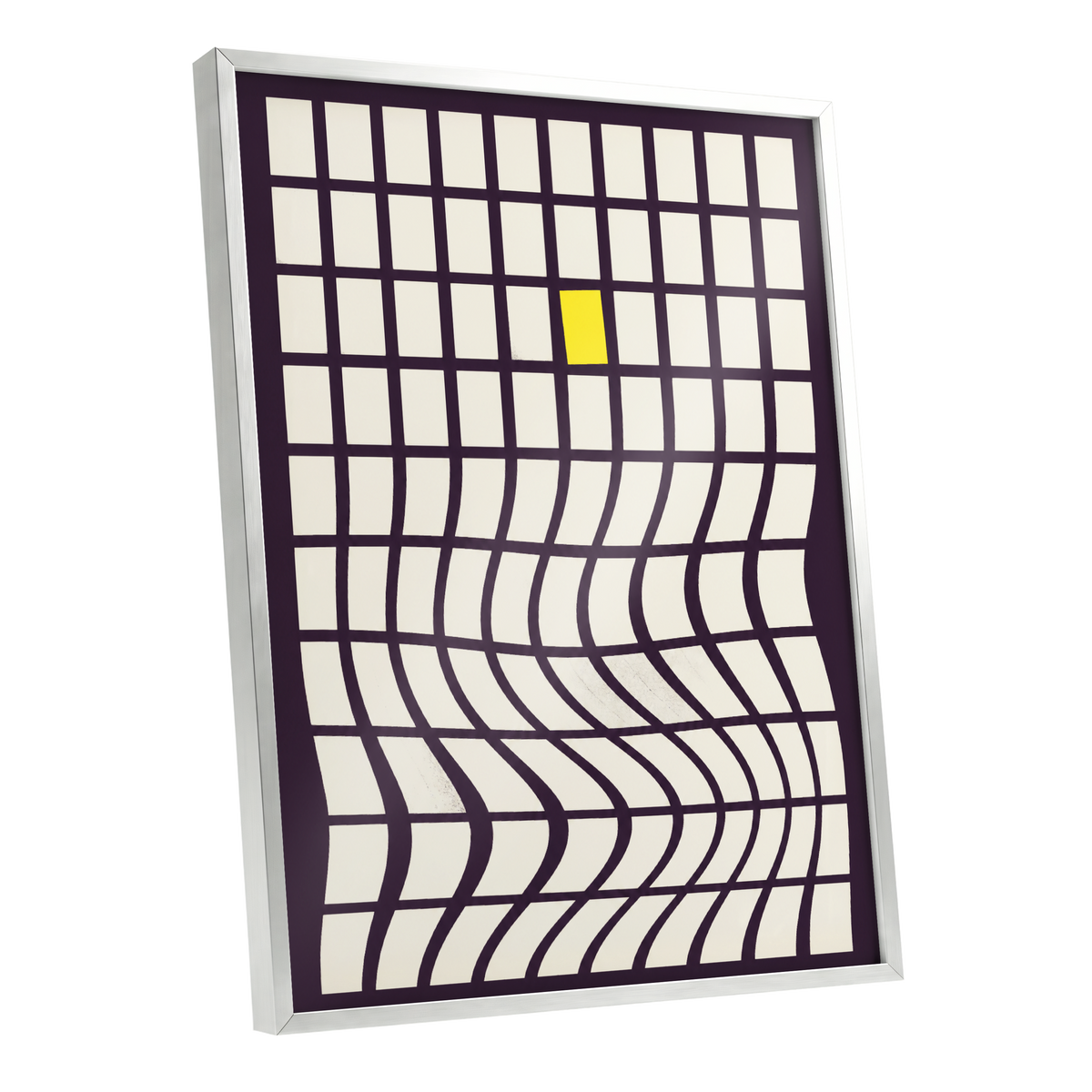The Yellow Exception, purple, white, yellow abstract wall art shown as a silver framed poster wall art print