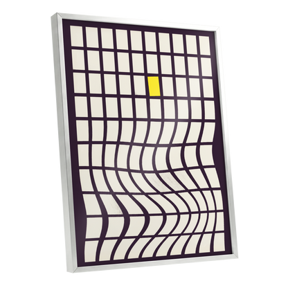 The Yellow Exception, purple, white, yellow abstract wall art shown as a silver framed poster wall art print