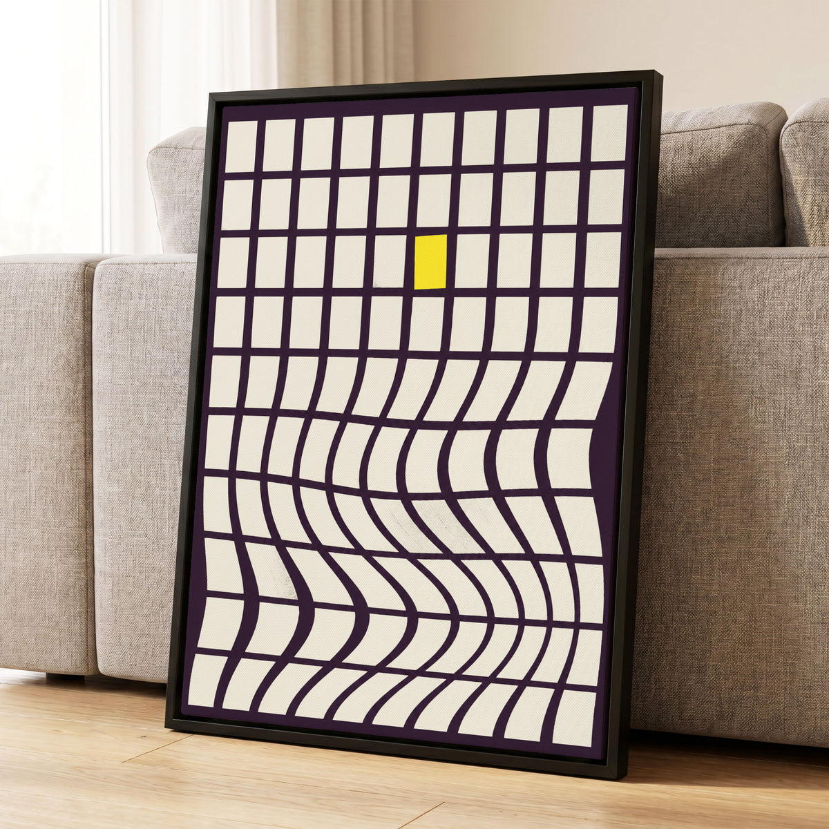 The Yellow Exception, purple, white, yellow abstract wall art displayed in a styled interior, gallery view 1