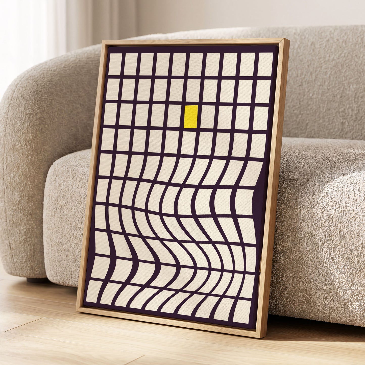 The Yellow Exception, purple, white, yellow abstract wall art displayed in a styled interior, gallery view 2