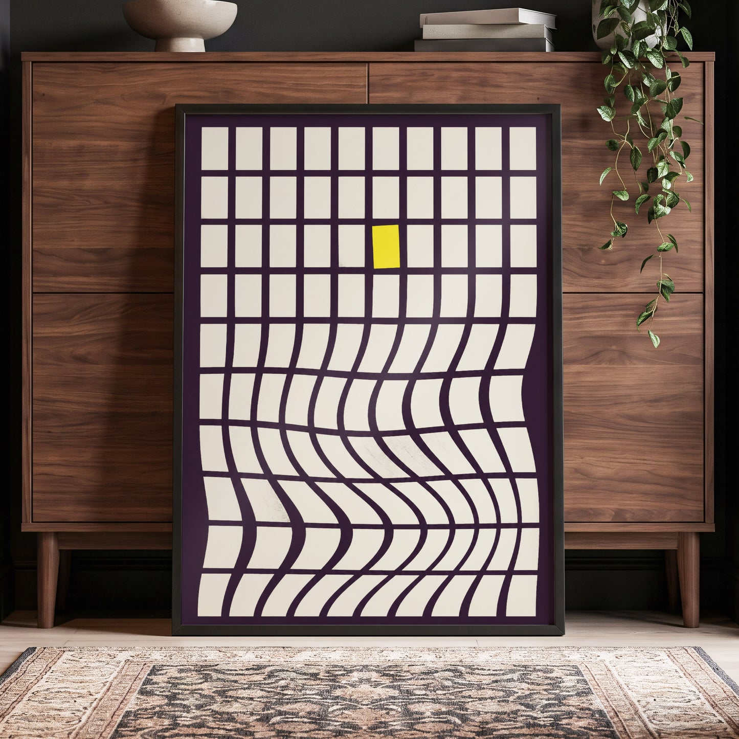 The Yellow Exception, purple, white, yellow abstract wall art displayed in a styled interior, gallery view 5