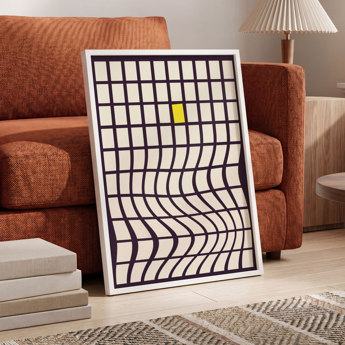 The Yellow Exception, purple, white, yellow abstract wall art displayed in a styled interior, gallery view 6