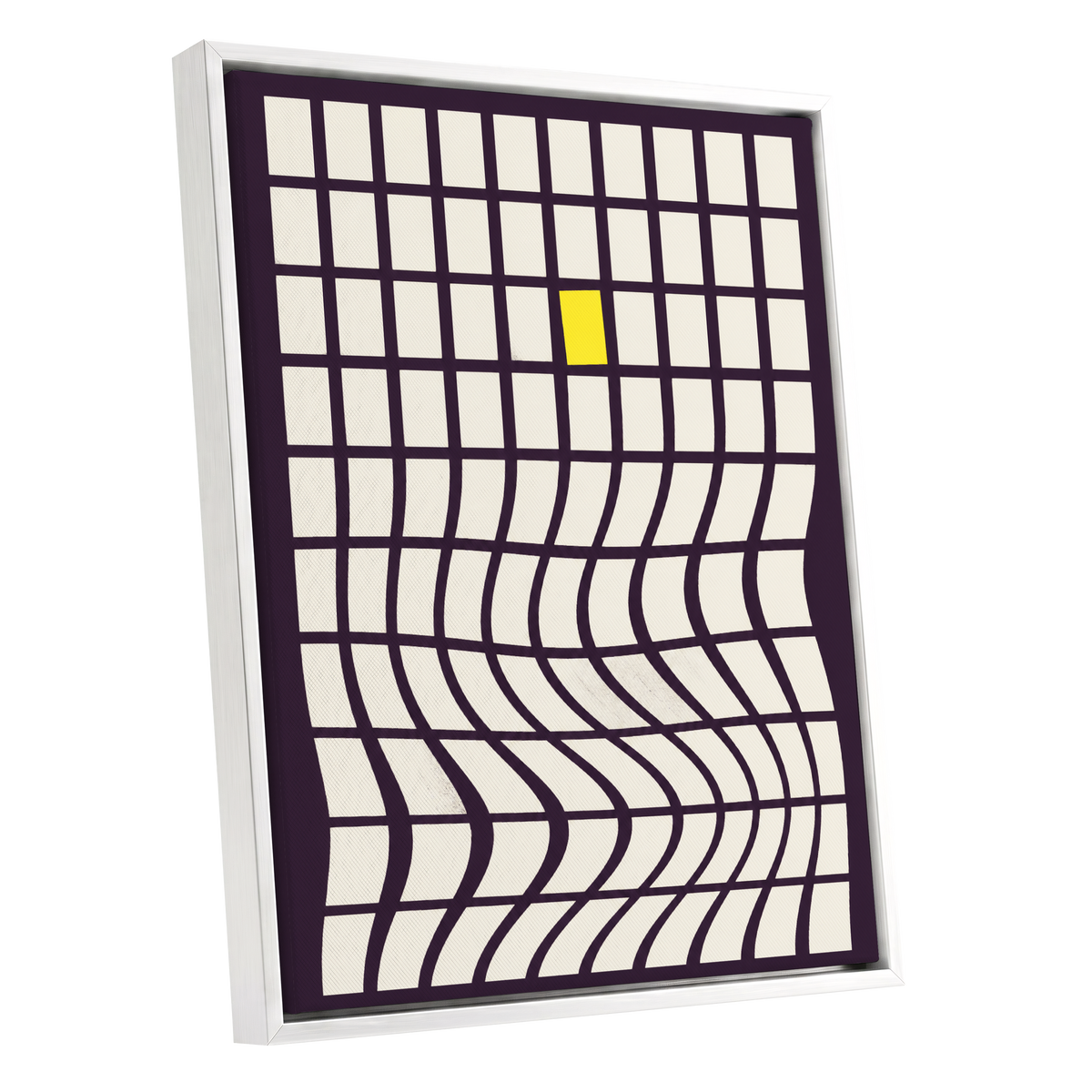 The Yellow Exception, purple, white, yellow abstract wall art shown as a white framed canvas wall art