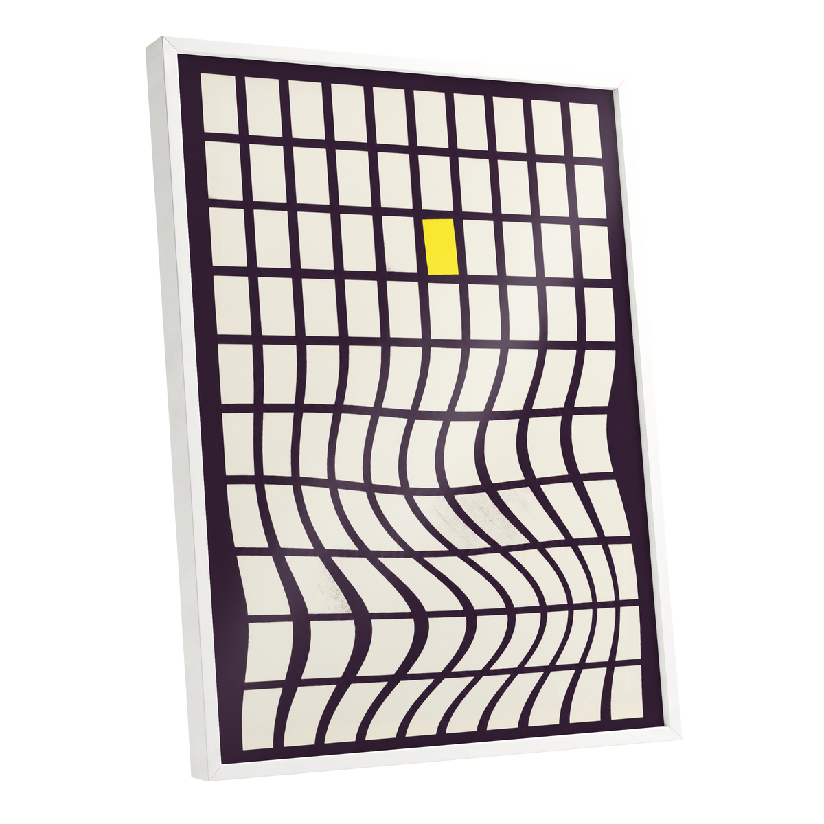 The Yellow Exception, purple, white, yellow abstract wall art shown as a white framed poster wall art print