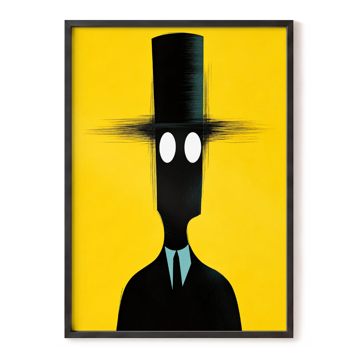 The Yellow Observer, yellow, black, blue abstract wall art, front artwork view