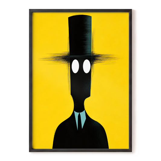 The Yellow Observer, yellow, black, blue abstract wall art, front artwork view