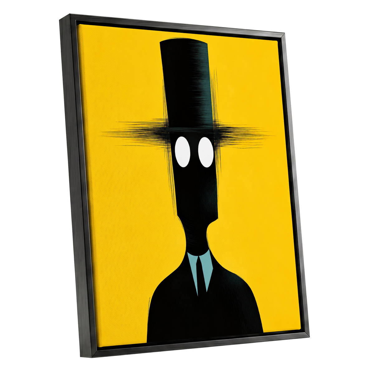 The Yellow Observer, yellow, black, blue abstract wall art shown as a black framed canvas wall art