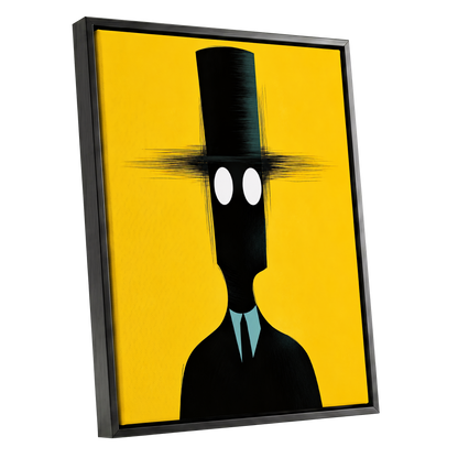 The Yellow Observer, yellow, black, blue abstract wall art shown as a black framed canvas wall art