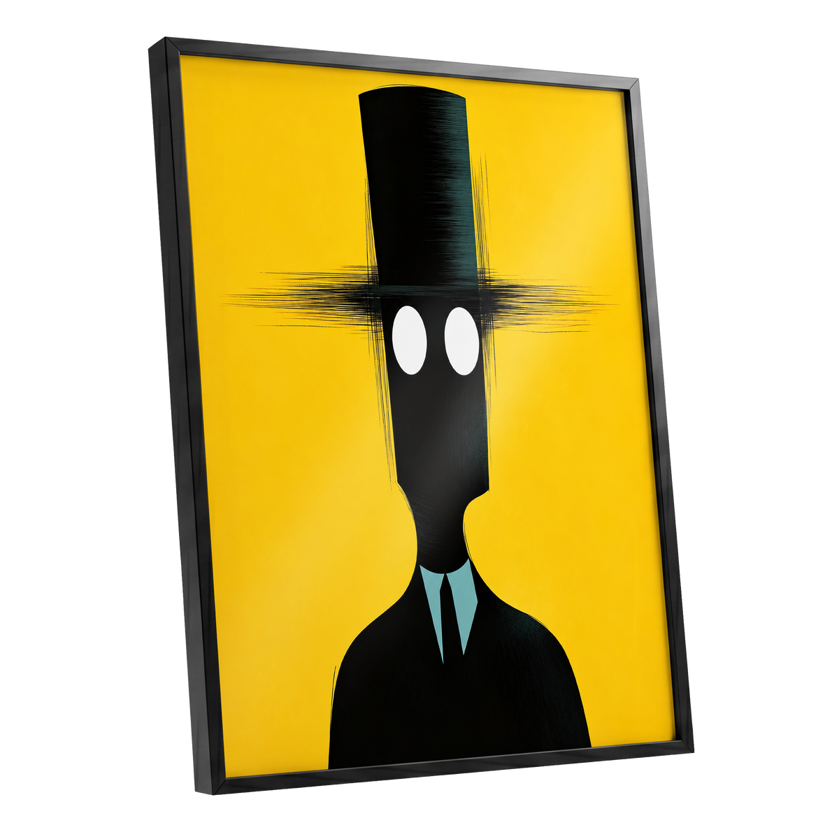 The Yellow Observer, yellow, black, blue abstract wall art shown as a black framed poster wall art print