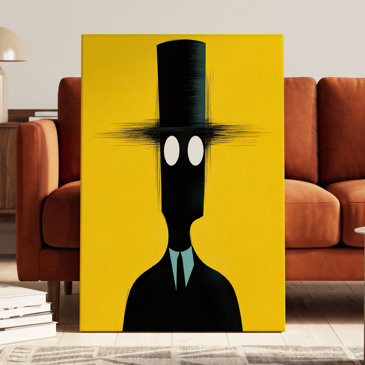 The Yellow Observer, yellow, black, blue abstract wall art on canvas displayed in a styled interior, gallery view 1