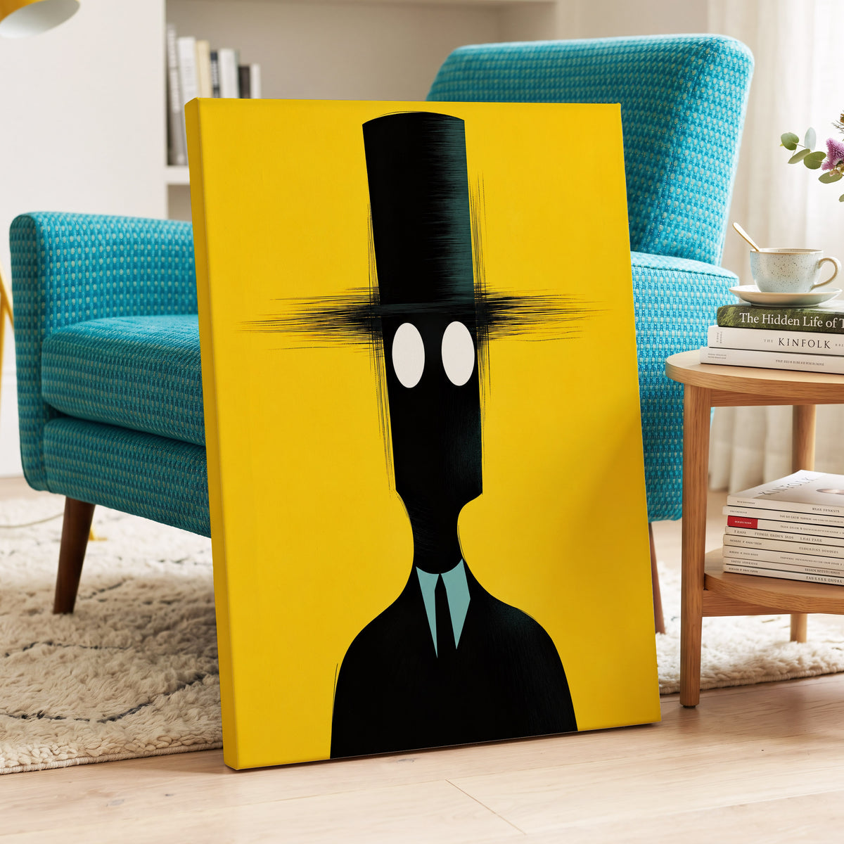 The Yellow Observer, yellow, black, blue abstract wall art on canvas displayed in a styled interior, gallery view 2