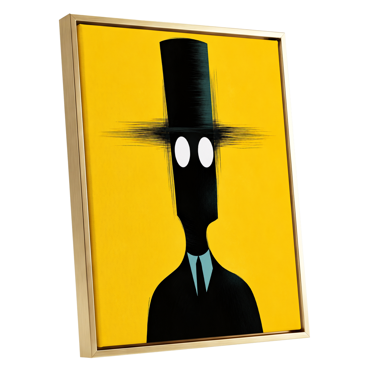 The Yellow Observer, yellow, black, blue abstract wall art shown as a gold framed canvas wall art