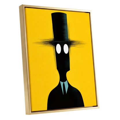 The Yellow Observer, yellow, black, blue abstract wall art shown as a gold framed canvas wall art
