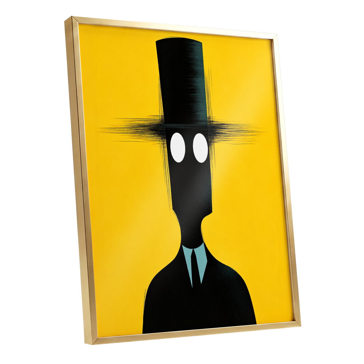 The Yellow Observer, yellow, black, blue abstract wall art shown as a gold framed poster wall art print