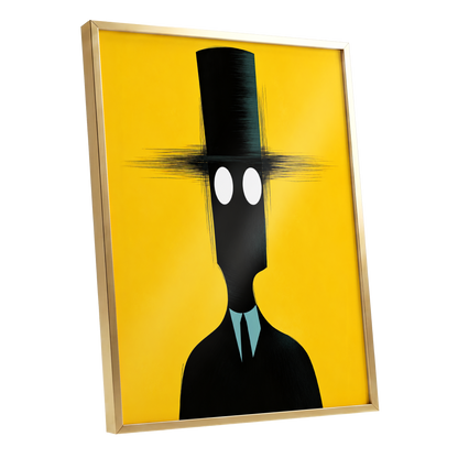 The Yellow Observer, yellow, black, blue abstract wall art shown as a gold framed poster wall art print