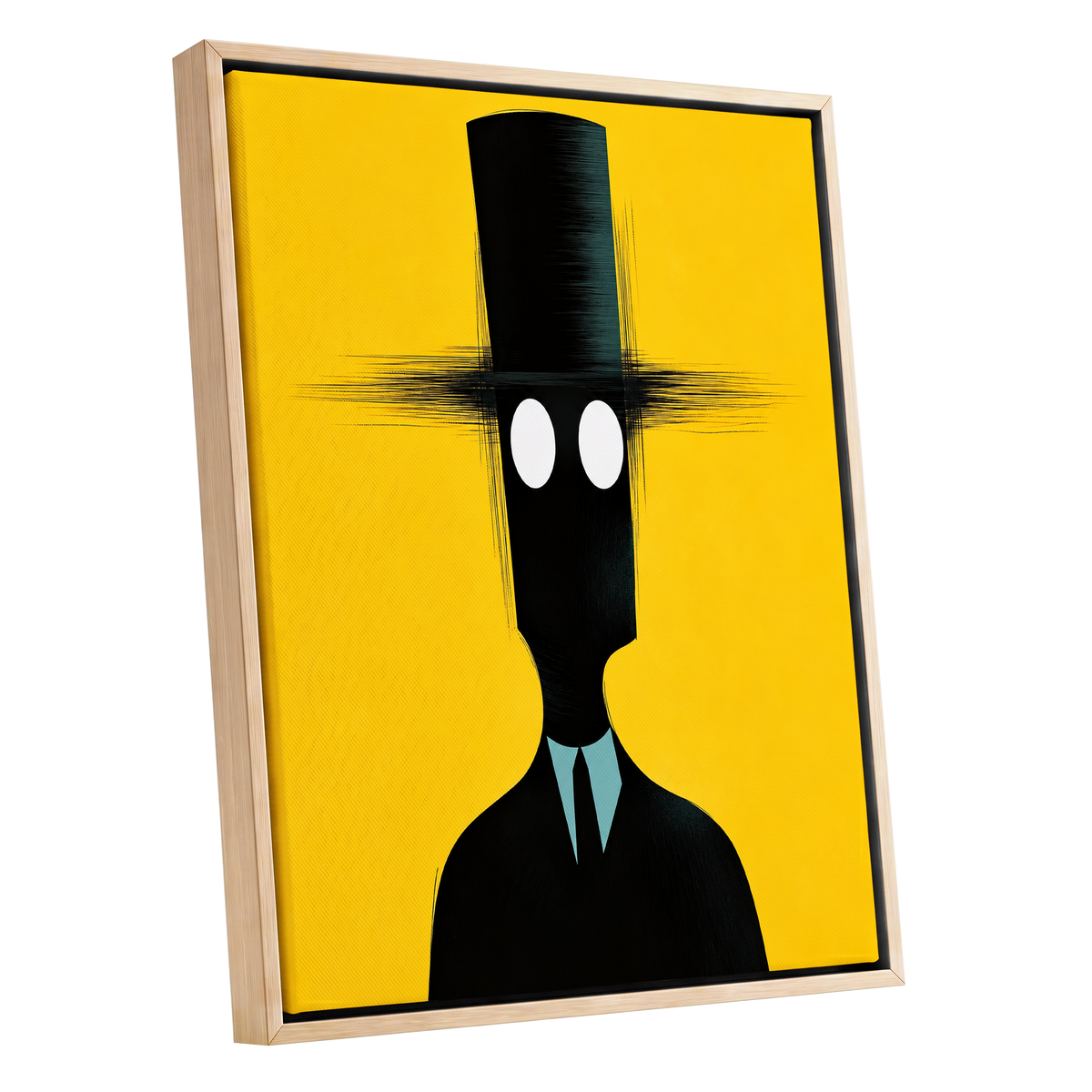 The Yellow Observer, yellow, black, blue abstract wall art shown as a oak framed canvas wall art
