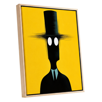 The Yellow Observer, yellow, black, blue abstract wall art shown as a oak framed canvas wall art