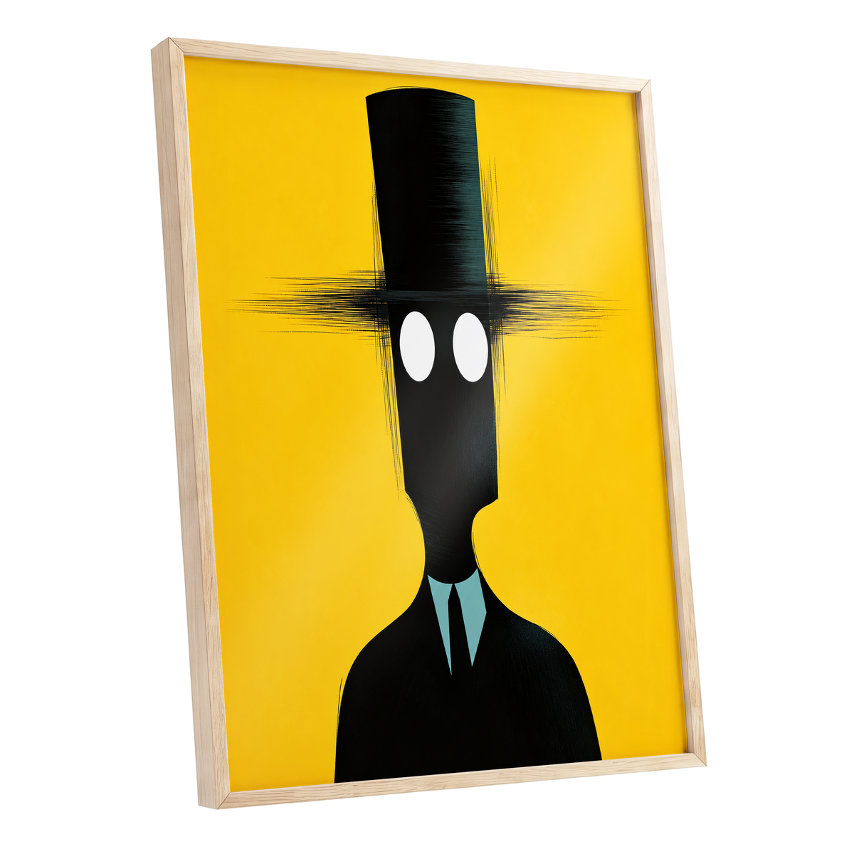 The Yellow Observer, yellow, black, blue abstract wall art shown as a oak framed poster wall art print