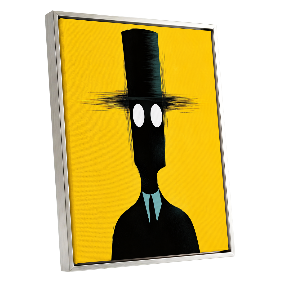 The Yellow Observer, yellow, black, blue abstract wall art shown as a silver framed canvas wall art