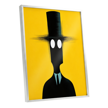 The Yellow Observer, yellow, black, blue abstract wall art shown as a silver framed poster wall art print