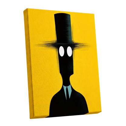 The Yellow Observer, yellow, black, blue abstract wall art shown as a stretched canvas wall art