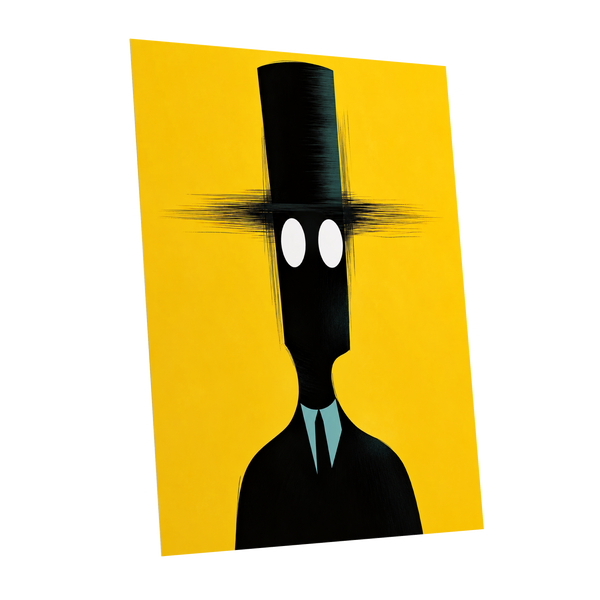 The Yellow Observer, yellow, black, blue abstract wall art shown as a unframed poster wall art print