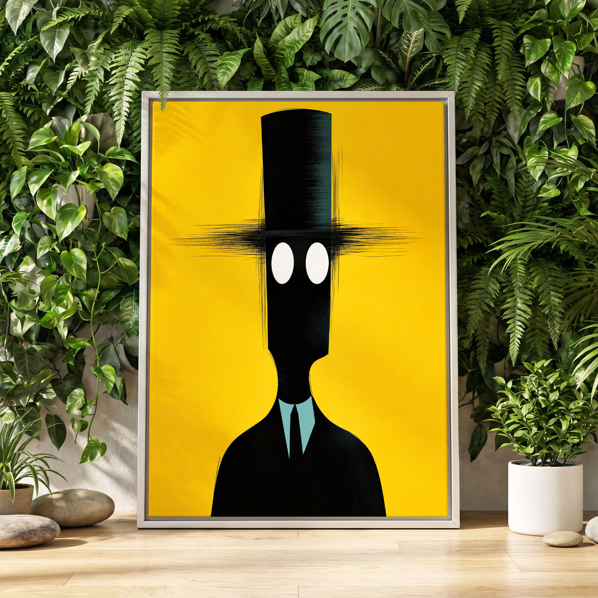 The Yellow Observer, yellow, black, blue abstract wall art displayed in a styled interior, gallery view 2