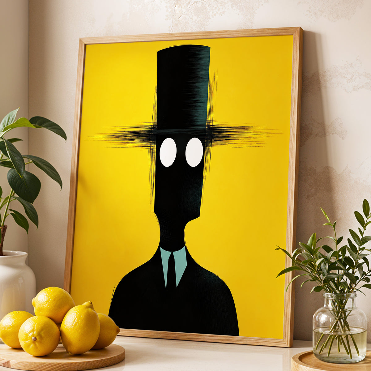 The Yellow Observer, yellow, black, blue abstract wall art displayed in a styled interior, gallery view 5