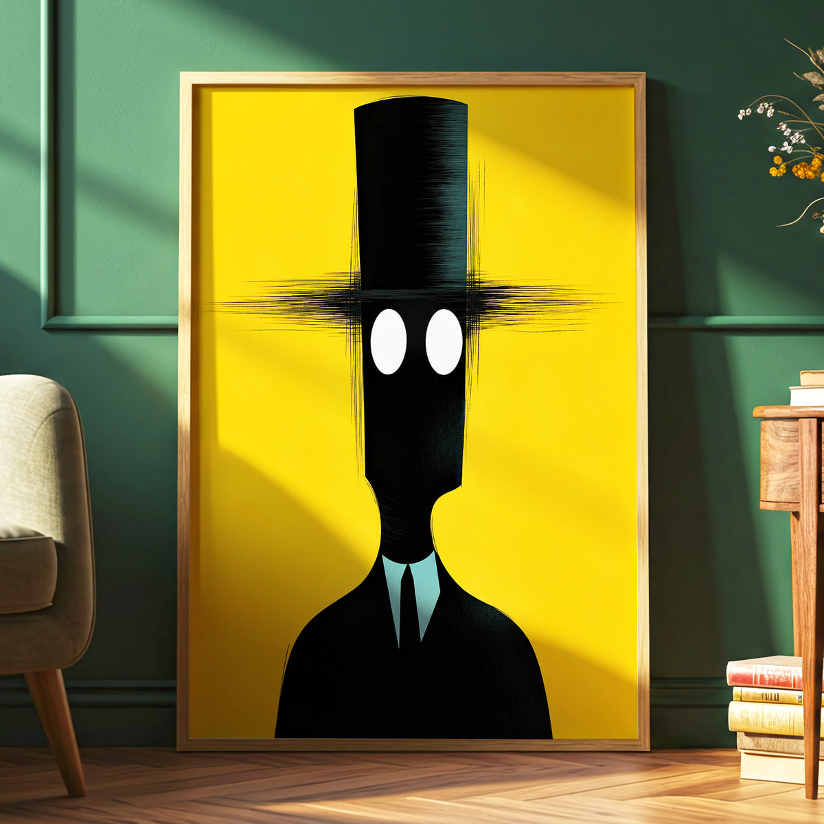 The Yellow Observer, yellow, black, blue abstract wall art displayed in a styled interior, gallery view 6