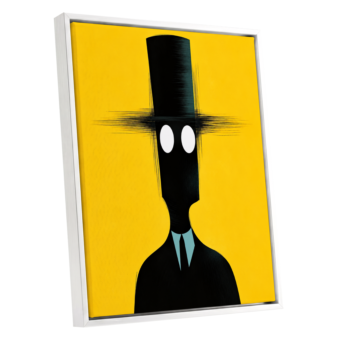 The Yellow Observer, yellow, black, blue abstract wall art shown as a white framed canvas wall art