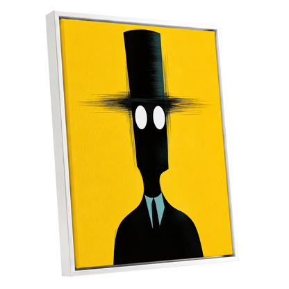 The Yellow Observer, yellow, black, blue abstract wall art shown as a white framed canvas wall art