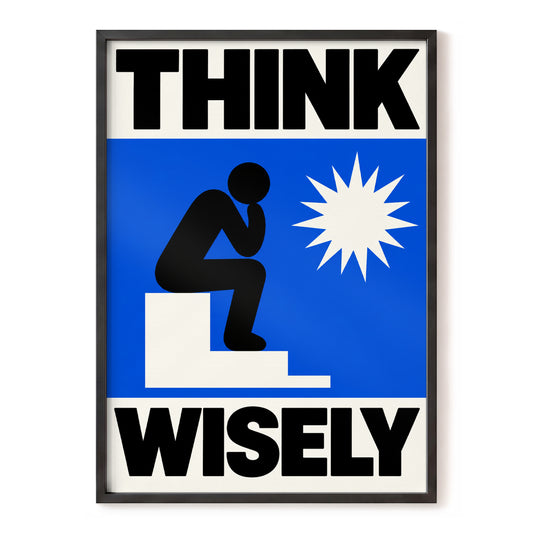 Think Wisely in Blue, blue, black, white minimalist wall art, front artwork view