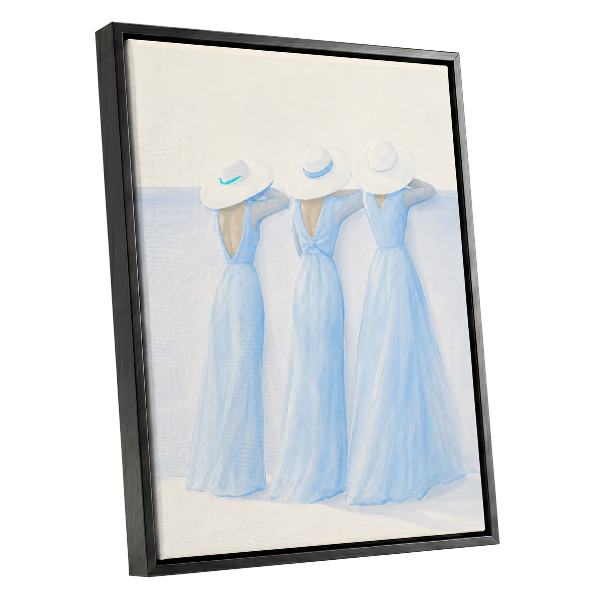 Three in Summer Blue, blue, white, beige minimalist wall art shown as a black framed canvas wall art