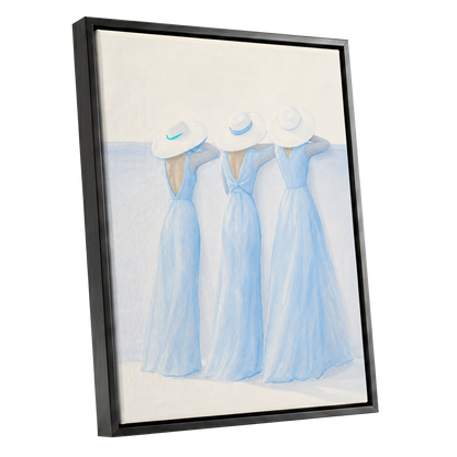 Three in Summer Blue, blue, white, beige minimalist wall art shown as a black framed canvas wall art