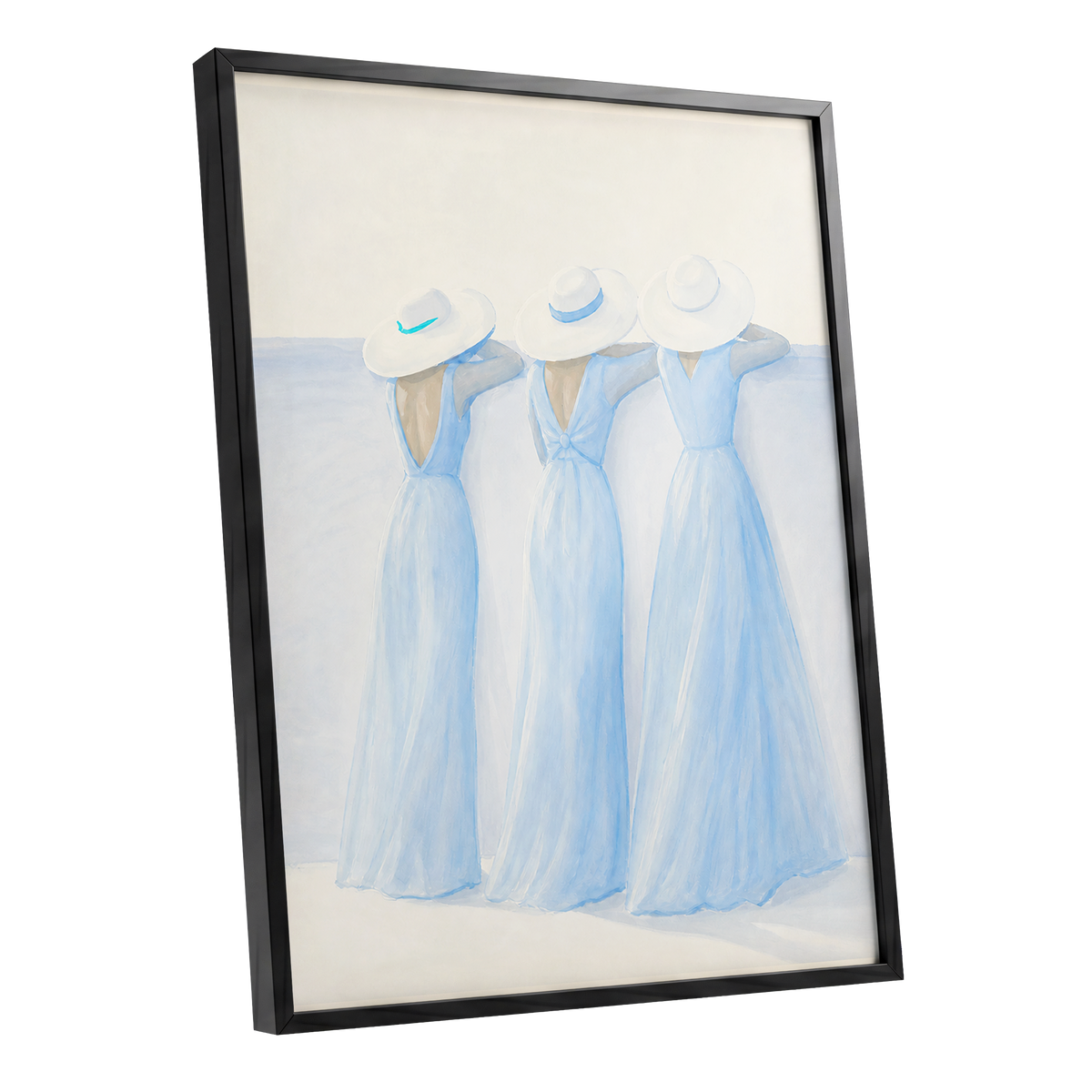 Three in Summer Blue, blue, white, beige minimalist wall art shown as a black framed poster wall art print